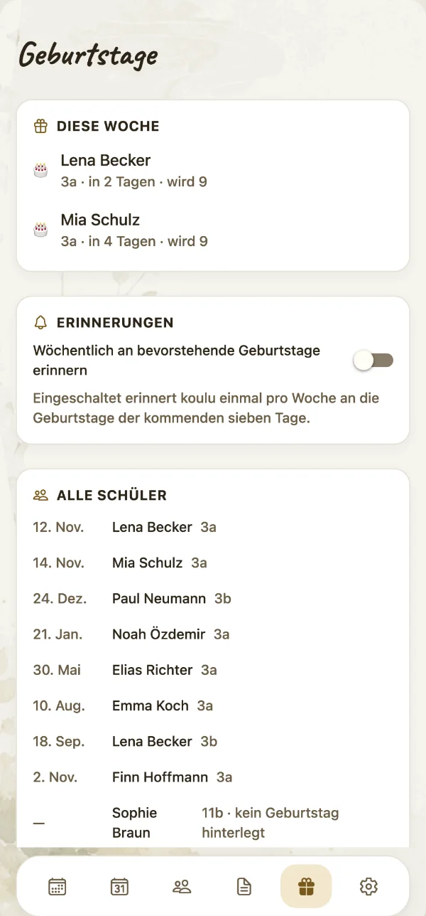 Die Geburtstagsliste auf dem iPhone.