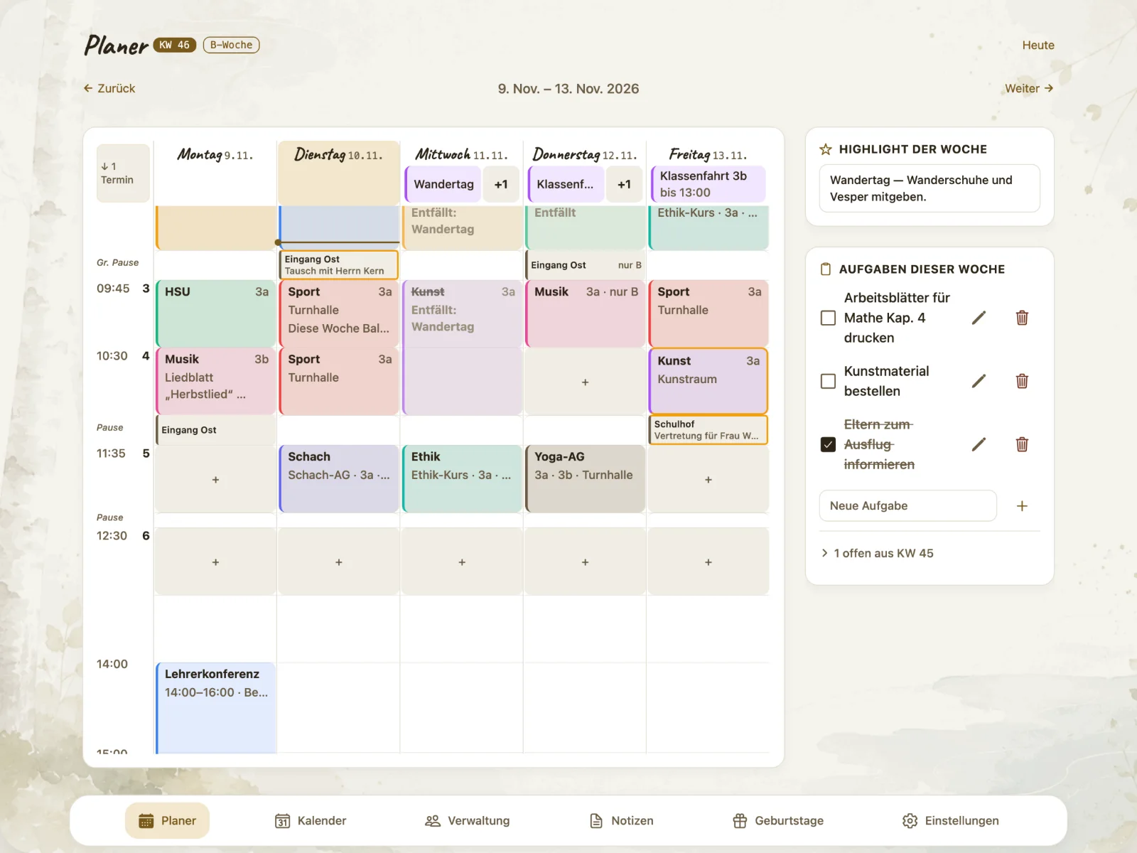 Der Wochenplaner auf dem iPad: Stundenplan, Termine und Notizen auf einer Zeitachse, daneben die Aufgaben der Woche.