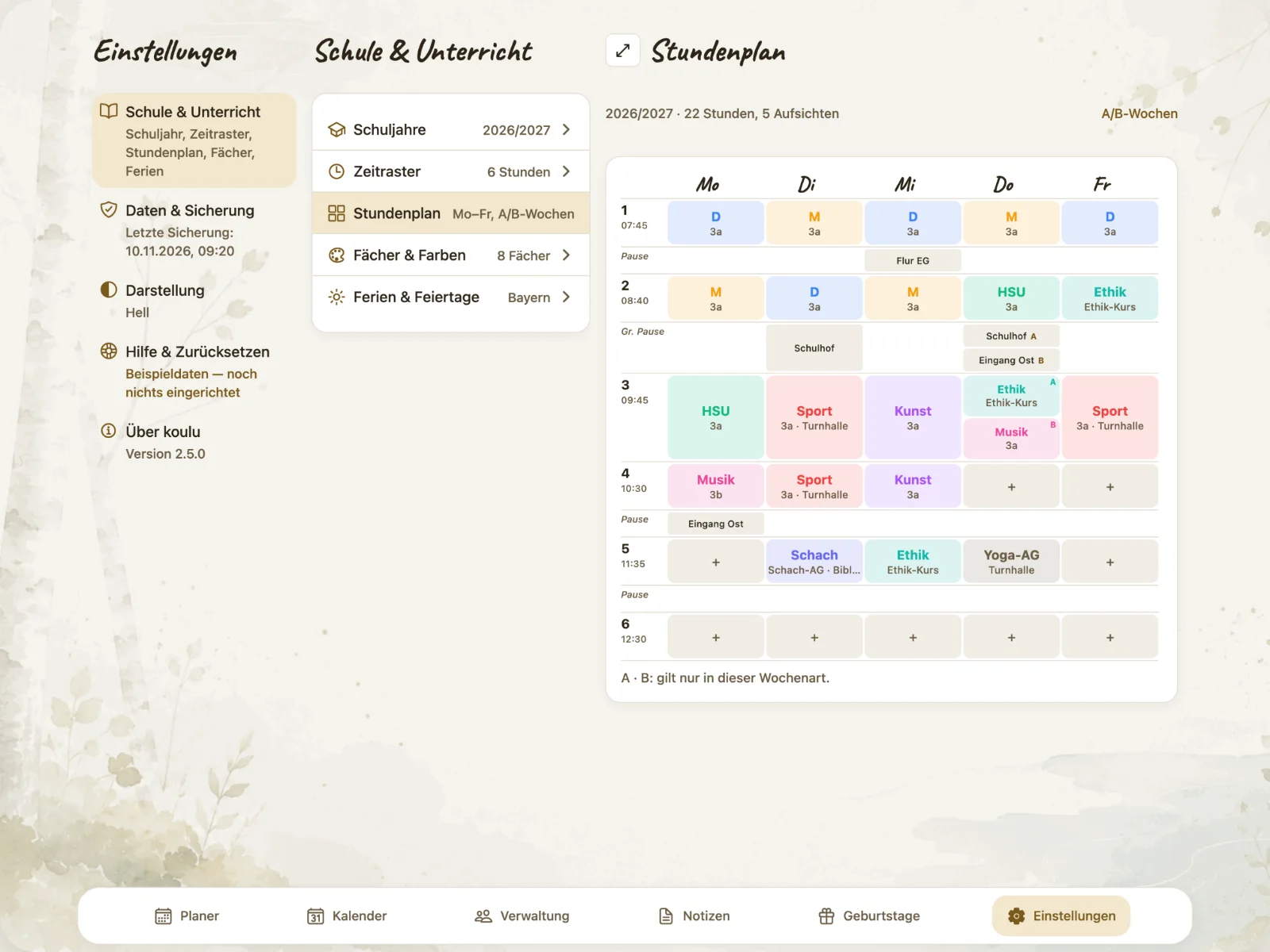 Der Stundenplan auf dem iPad, aus dem jede Woche entsteht.